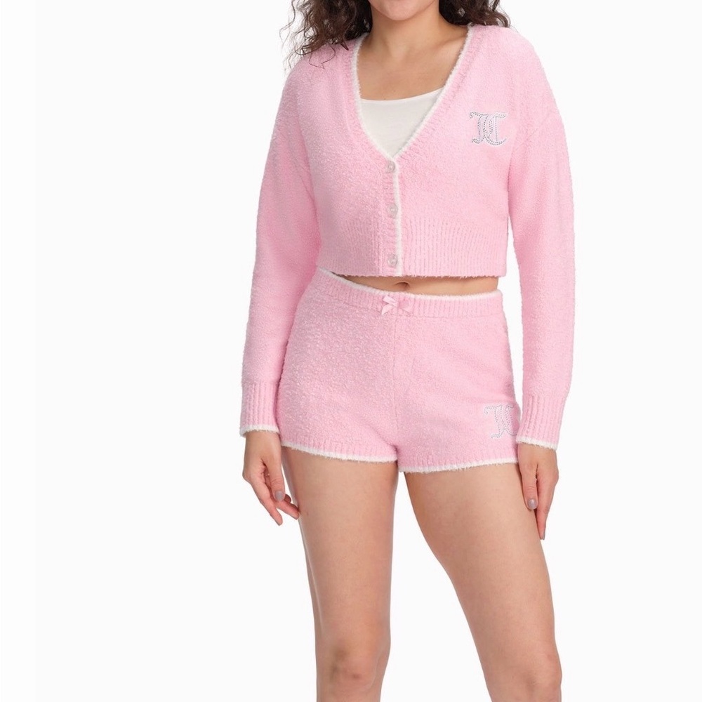 Pink Knit Cropped Cardigan and Short Set - Women Sweater Lounge Set